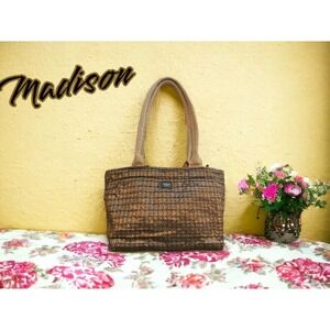 Madison handbag, tote, purse zip closure suede bottom iridescent brown, pink/red